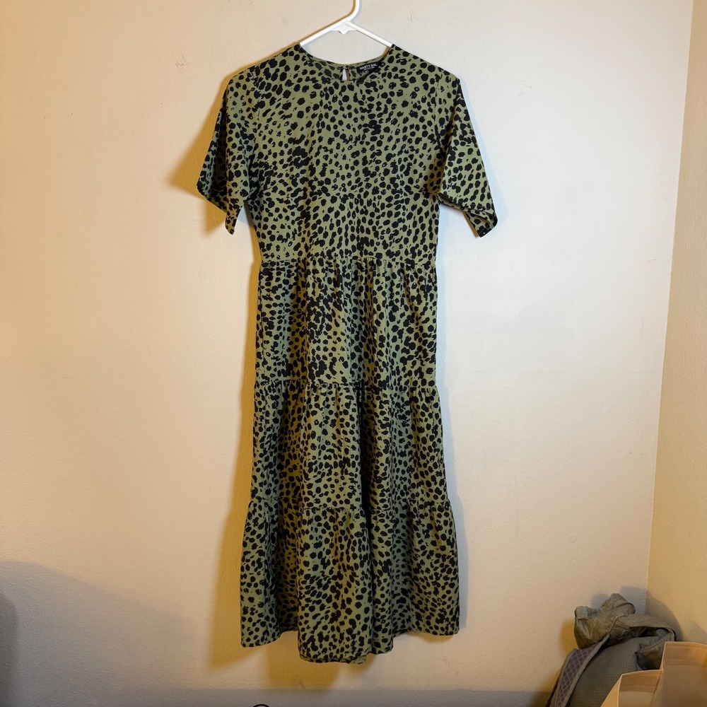 Nasty Gal Collection Olive Green Leopard Print Tiered Midi Dress Womens US 6